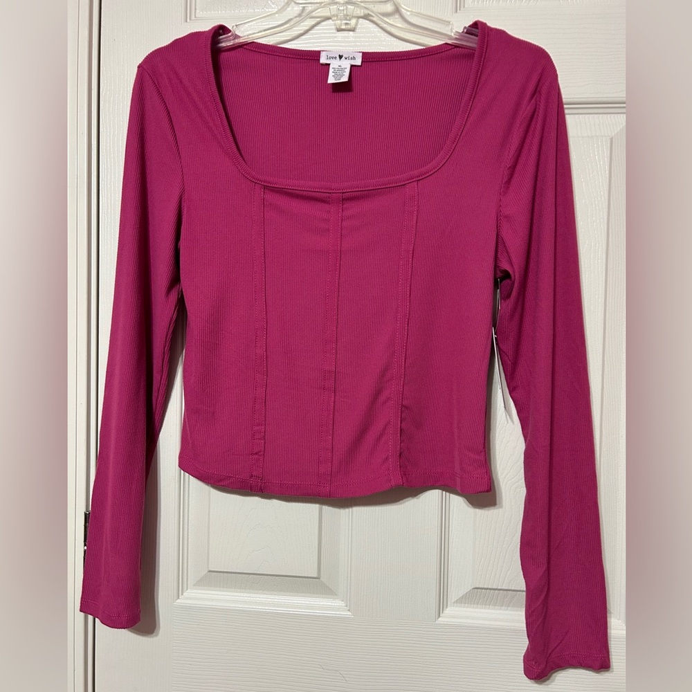 LOVE WISH Womens Ribbed Long Sleeve Crop Top Square Neck Magenta Purple NWT XL